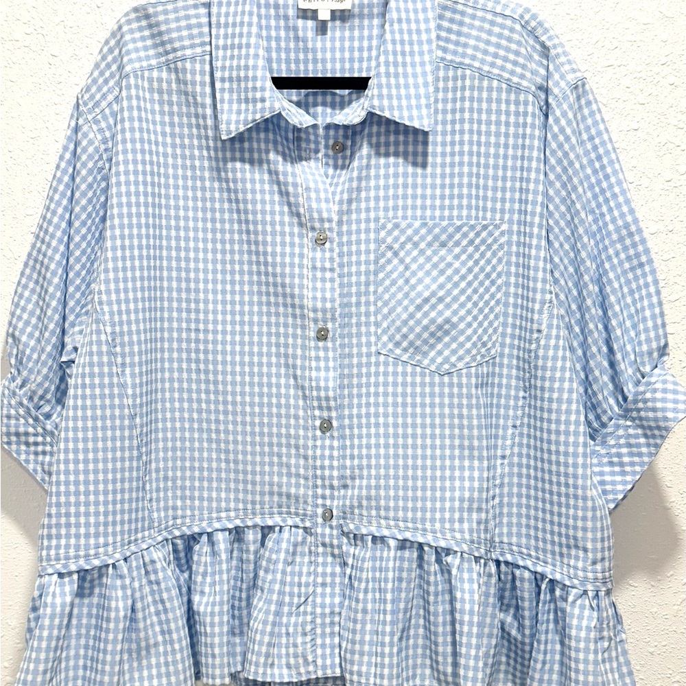 entro Light Blue Gingham Button-Down Ruffle Hem Top XL - Picture 8 of 8